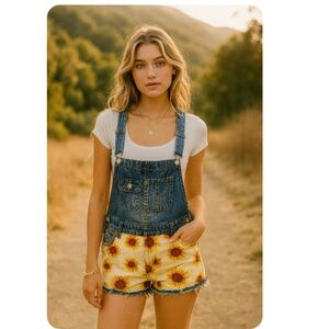 HOT KISS Ava Sunflower Denim Overall Shorts Jrs 5